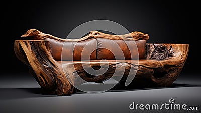 handmade unique rustic sofa made from solid wood on black background Stock Photo