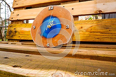 Handmade wall clocks made of sawn pear Stock Photo