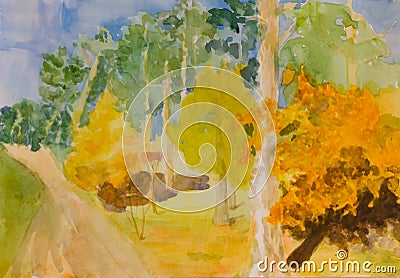 Handmade watercolour of a wild river in the summer Stock Photo