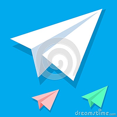 Handmade white paper plane vector icon set in isometric flat style isolated on blue background. Origami white orange and Vector Illustration