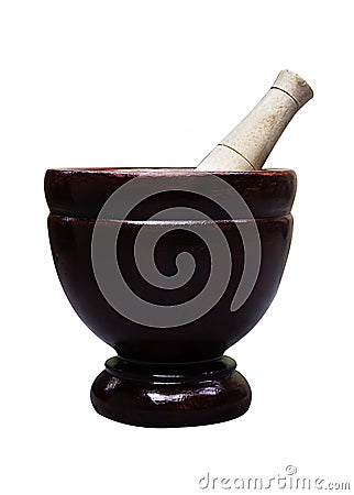 Handmade Wood Mortar with pestle isolated Stock Photo