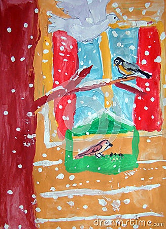 Bird feeder - gouache painting made by child Stock Photo