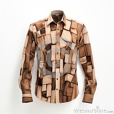 Handmade Wooden Block Shirt: Abstract Realism Plasticien Fashion On White Background Stock Photo