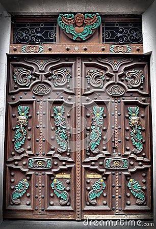 Handmade Wooden Door with Mexican Symbols Stock Photo