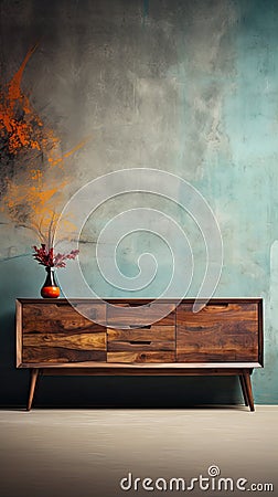 Handmade Wooden Dresser Against a Concrete Wall - AI Generated Stock Photo