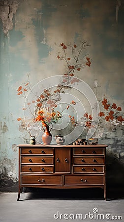 Handmade Wooden Dresser Against Concrete Wall with Mural - AI Generated Stock Photo