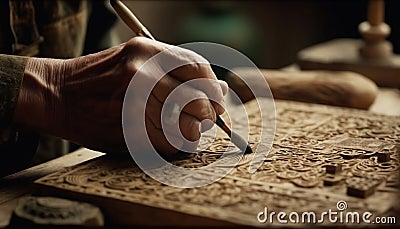 Handmade wooden sculpture crafted by skilled carpenter indoors using chisel Stock Photo