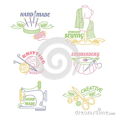 Handmade workshop logo set for painting cross stitching sewing and knitting. Cartoon Illustration