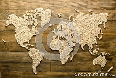 Handmade world map on wooden background for home decoration, top Stock Photo