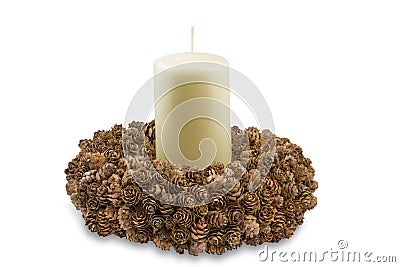 Handmade wreath with larch cones and candle Stock Photo