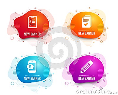 Handout, Phone payment and Checklist icons. Pencil sign. Documents example, Mobile pay, Data list. Edit data. Vector Vector Illustration