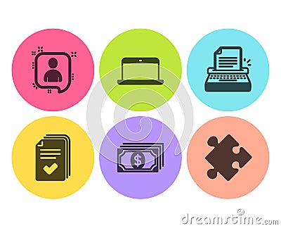 Handout, Typewriter and Laptop icons set. Payment, Developers chat and Strategy signs. Vector Vector Illustration