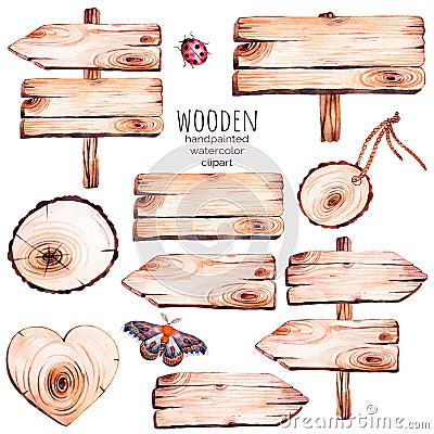 This handpainted collection of 9 watercolor wood slices clipart. Stock Photo