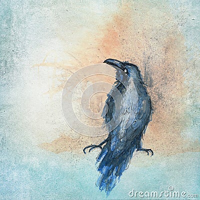 Handpainted raven sitting Stock Photo