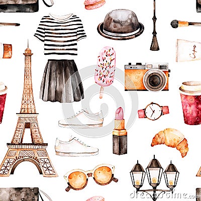 Handpainted texture with striped top,cosmetics,Tour Eiffel Cartoon Illustration