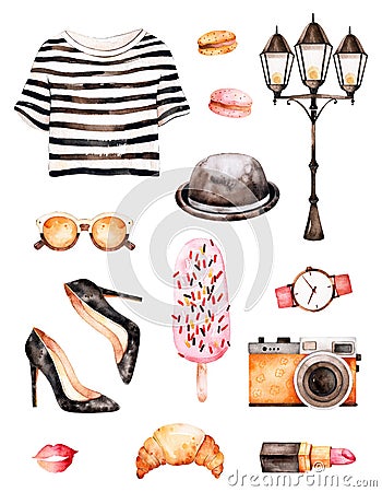 Handpainted texture with striped top,sunglasses, cosmetics Cartoon Illustration