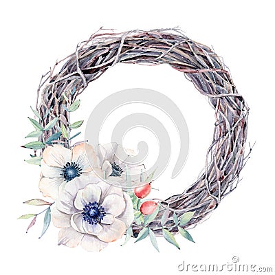 Handpainted watercolor anemone flowers wreath in vintage style Cartoon Illustration