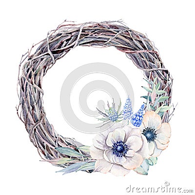 Handpainted watercolor anemone flowers wreath in vintage style Cartoon Illustration