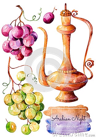 Handpainted watercolor collection with gold ewer and bunch of grapes Stock Photo