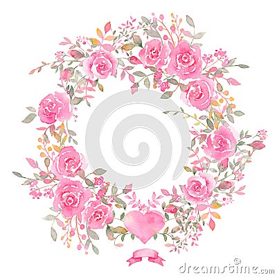 Handpainted watercolor wreath with rose flowers. Stock Photo