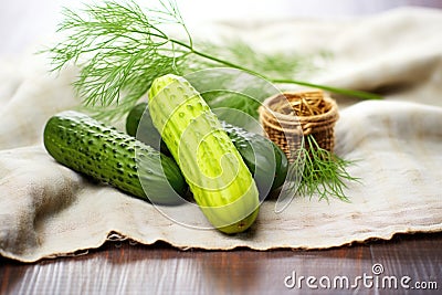 handpicked dill and cucumber on rustic cloth Stock Photo