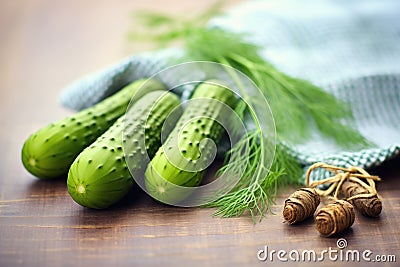 handpicked dill and cucumber on rustic cloth Stock Photo