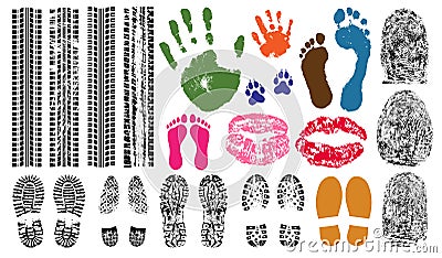 Handprint, footprint, fingerprint, print of the lips, tire tracks. Imprint set collection evidence. Vector Illustration