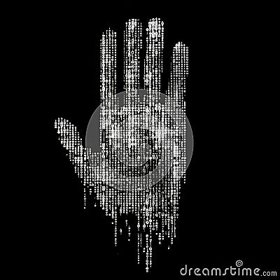 Handprint with white matrix code symbols on black background. Matrix hand print Stock Photo