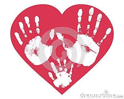 Handprints of family, imprint of palm hand of mother, father and baby in heart shape. Vector illustration Vector Illustration