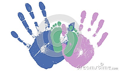 Handprints of woman and man, footprint of baby. Mother, father and child. Vector illustration Vector Illustration