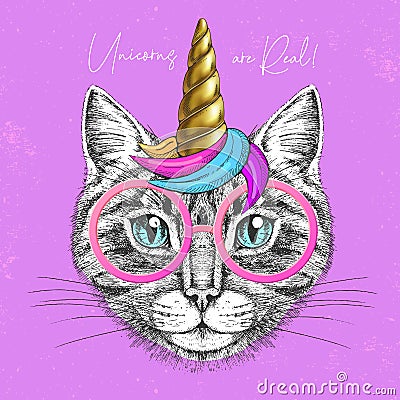 Handrawing animal cat wearing cute glasses with unicorn horn. T-shirt graphic print. Vector Illustration