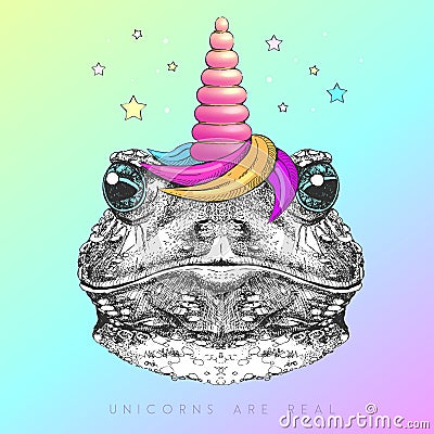 Handrawing animal frog wearing cute glasses with unicorn horn. T-shirt graphic print. Vector Illustration