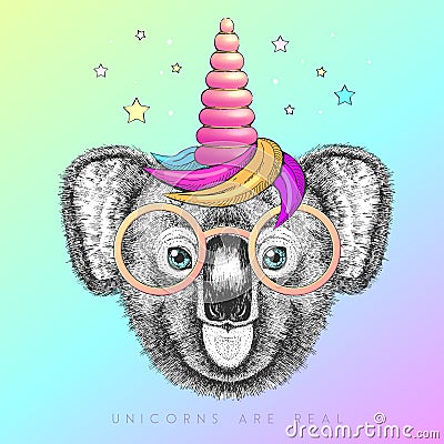Handrawing animal koala wearing cute glasses with unicorn horn. T-shirt graphic print. Vector Illustration