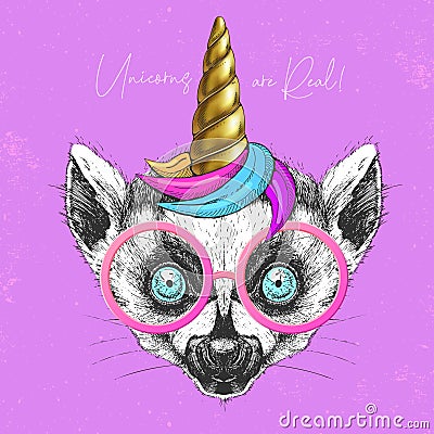 Handrawing animal lemur wearing cute glasses with unicorn horn. T-shirt graphic print. Vector Illustration