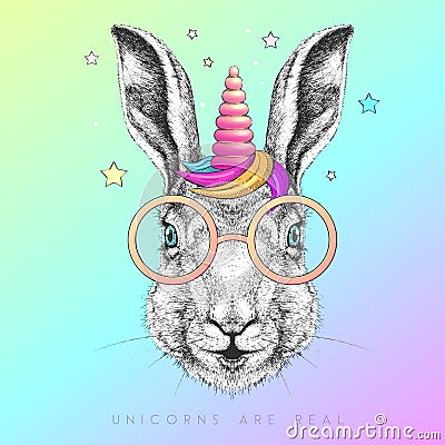 Handrawing animal rabbit wearing cute glasses with unicorn horn. T-shirt graphic print. Vector Illustration
