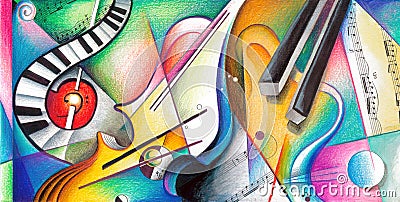 Handrawing music art, colourfull sound, music instruments Cartoon Illustration