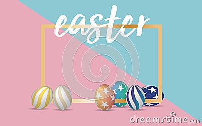 Handrawn Easter font with 3d Easter eggs in Pastel Pink and green color palette background. Vector ilustration.EPS 10 Vector Illustration