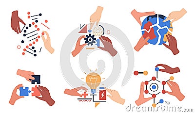 Hands with abstract shapes puzzles. Geometrical shapes, physical, mathematical, biological symbols, human arms, teamwork Vector Illustration