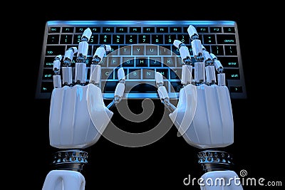 Hands of ai robot typing on keypad. Robotic cyborg hand using keyboard computer. 3d render realistic illustration. Top view Cartoon Illustration