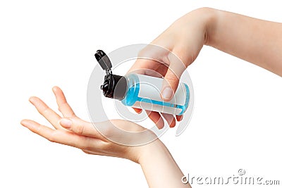 Hands applying blue sanitizing protective gel Stock Photo