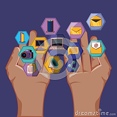 Hands with apps social media icons hexagon shape Vector Illustration