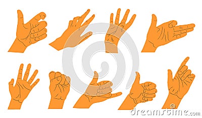 Hands and arms expressions. Hands sign big set. Hand gestures in different positions. Vector hands showing and pointing Vector Illustration