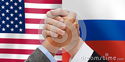 Hands armwrestling over american and russian flags Stock Photo