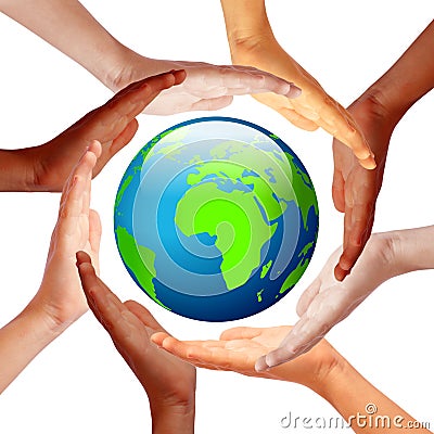 Hands around earth Stock Photo