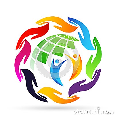 Hands around the world globe people save care diversity logo icon clip art Cartoon Illustration