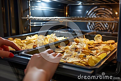 hands arranging chips for oven baking Stock Photo