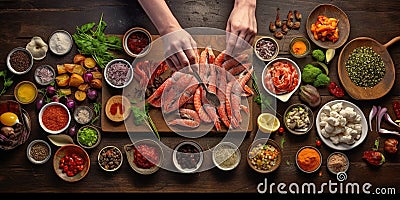 Hands assemble a array of ingredients to create a mouthwatering, concept of Food preparation, created with Generative AI Stock Photo