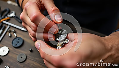 Hands assembling watch parts, watchmaking, precision work, craftsmanship, Stock Photo, Generative AI Stock Photo