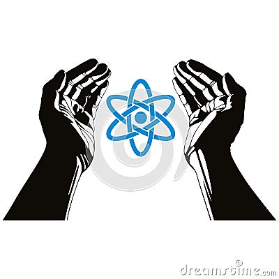 Hands with atom vector symbol. Vector Illustration