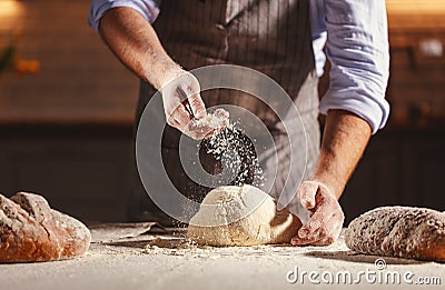 Hands of baker`s male knead dough Stock Photo